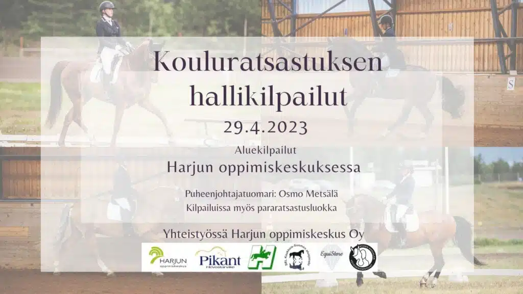 Kouluratsastuksen hallikilpailut 29.4. Harjun oppimiskeskuksessa.